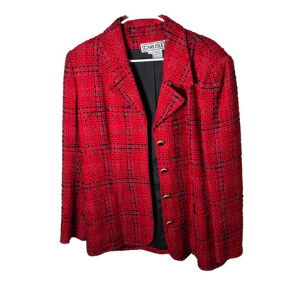 Carlisle Blazer Jacket Women's 14 Red Black Button Front Collared Tweed Metallic