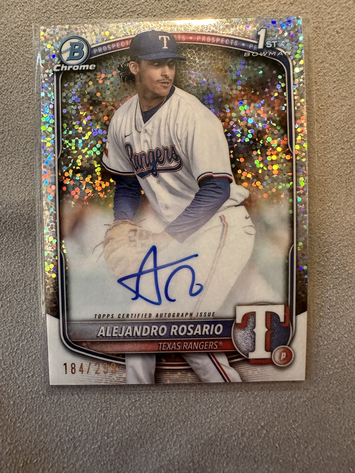 Alejandro Rosario 2025 Bowman Chrome #CPA-ARO Rangers 1st Speckle #/299 Auto