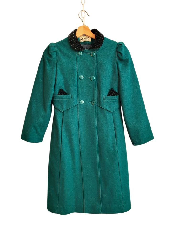 Abrigo de Lana Rothschild Niñas Años 70 De Colección 14 Borde Terciopelo Verde Hecho en Unión EE. UU. Clásico Foto 2 de 4
