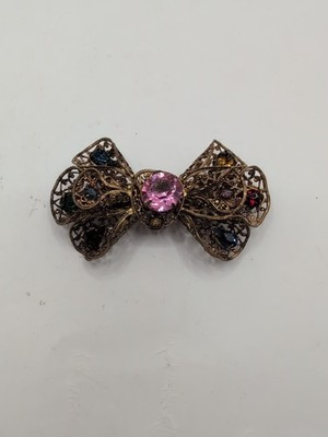 Antique Czech Victorian Ornate Filigree Rhinestone Bow Brooch Multi Color 3''