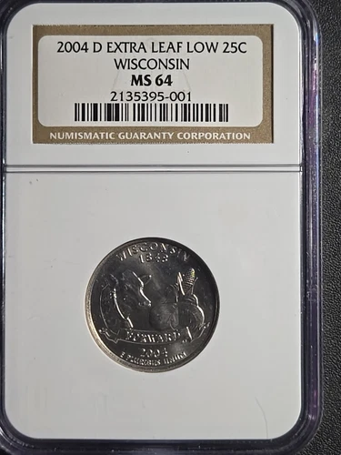 2004-D U.S. State Quarter - Wisconsin - EXTRA LEAF LOW variety - MS-64 (NGC)
