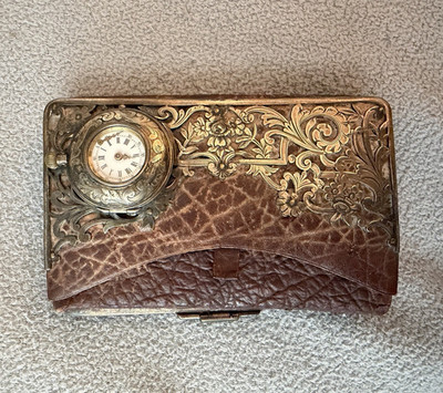 Vintage Gorham Victorian Leather Wallet/w Sterling Sliver/  Clock 