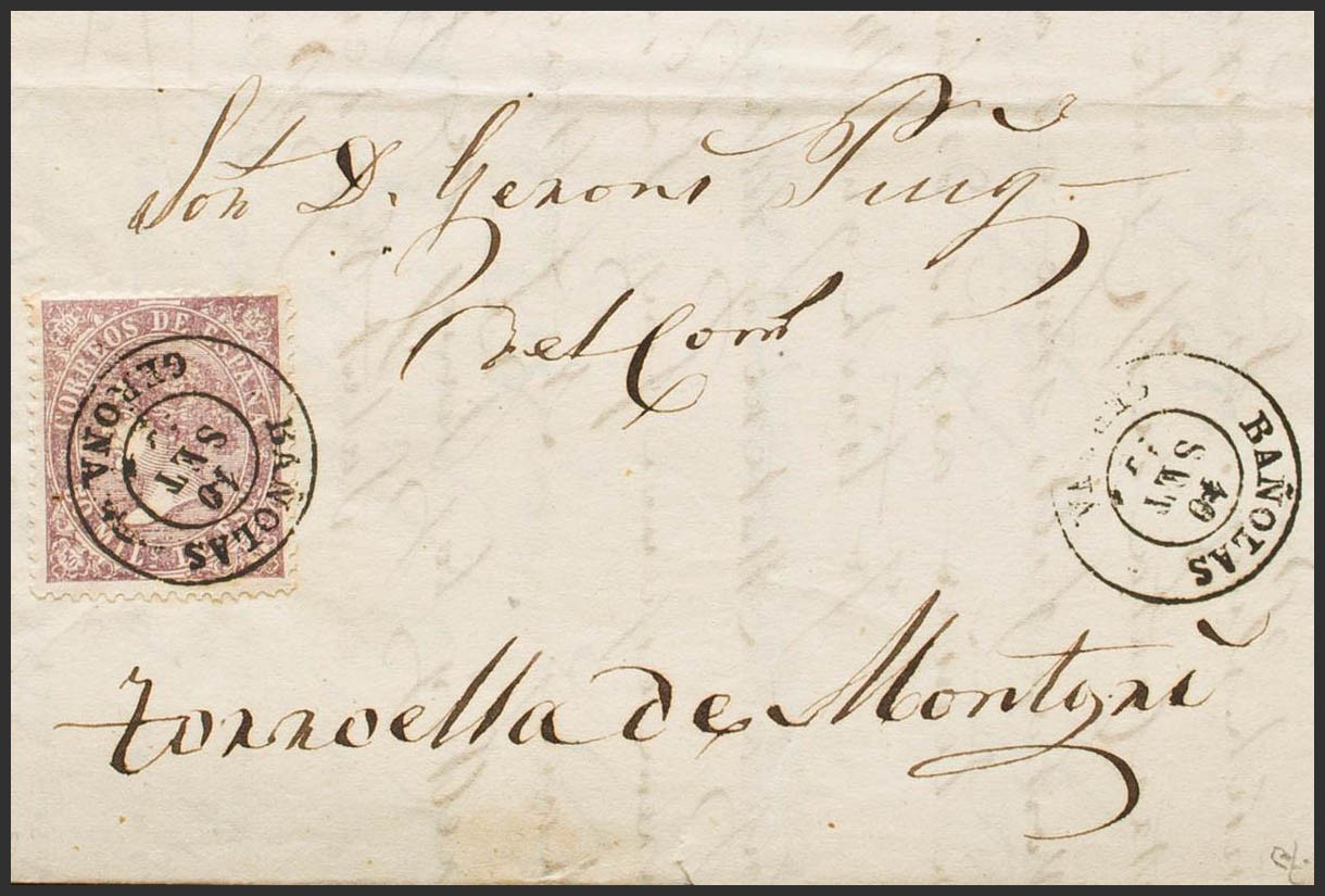 Catalogna. Storia Postale. Busta 98. 1869. 50 Mils Viola. Bañolas A Torroella