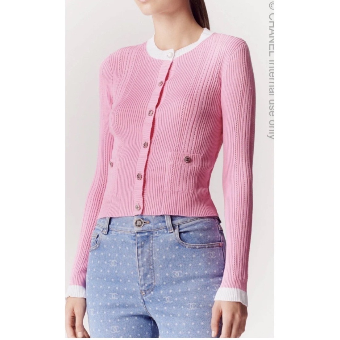 23P Chanel Pink Ribbed Knit CC Logo Button Cardigan Size 40 | eBay