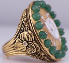 Antique Victorian Poison Skull Occultist Locket Ring Gilt Silver Enamel Nephrite