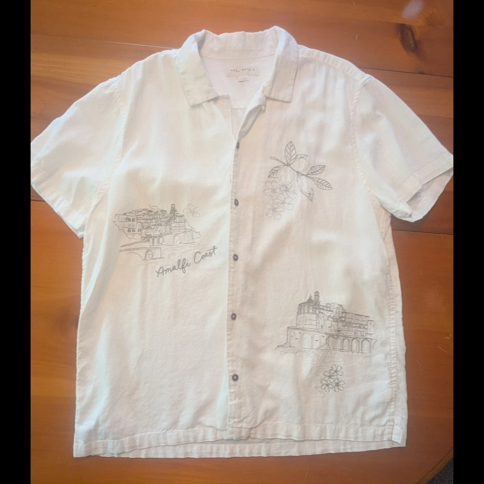 Aeropostale Amalfi Coast Embroidered Linen Blend Camp Button Down Shirt L