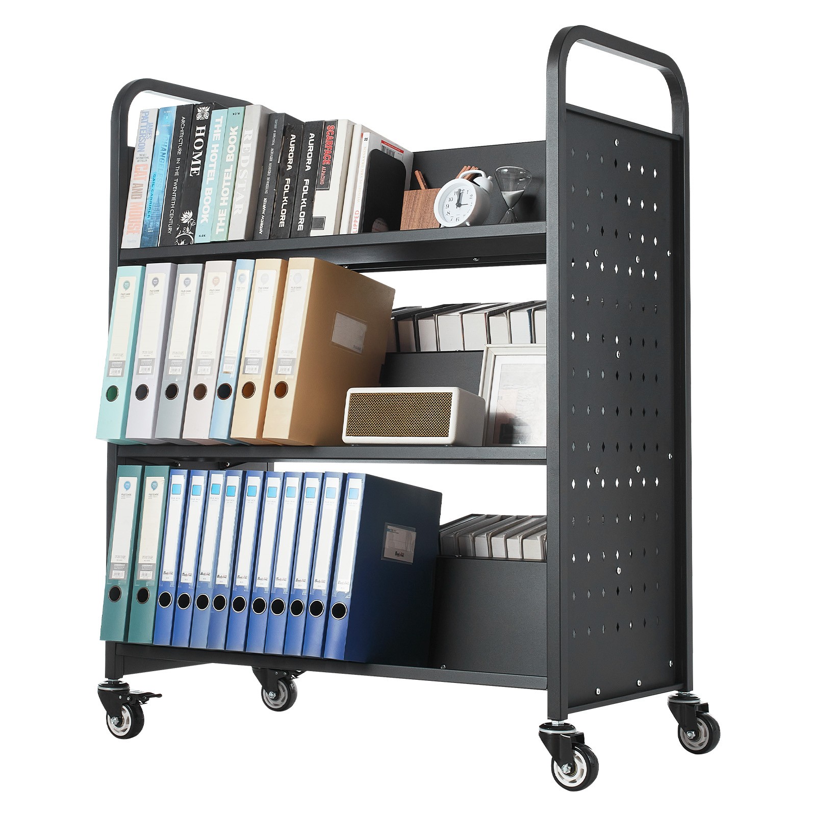 3-Tier Rolling Book Cart Double Sided W-Shaped Shelves Book Truck in Black