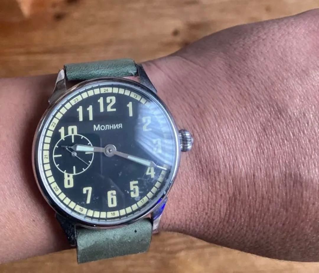 Molniya Manual Wind Watch Black Dial Leather Strap Used image 5