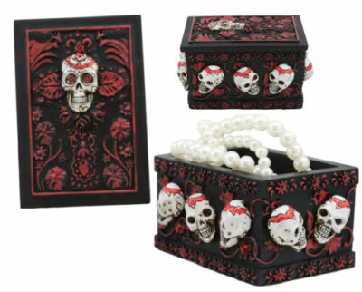 Day Of The Dead Red Floral Sugar Skull Small Stash Jewelry Box 4.25''L Figurine