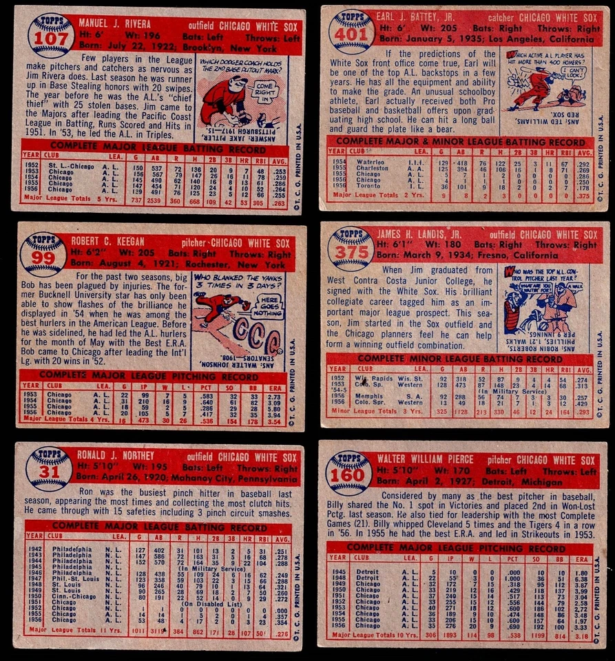 White SOX $ Lote 1957 Topps Billy Pierce, Earl BATTEY, Jim LANDIS Northey RIVERA+ Foto 3 de 4