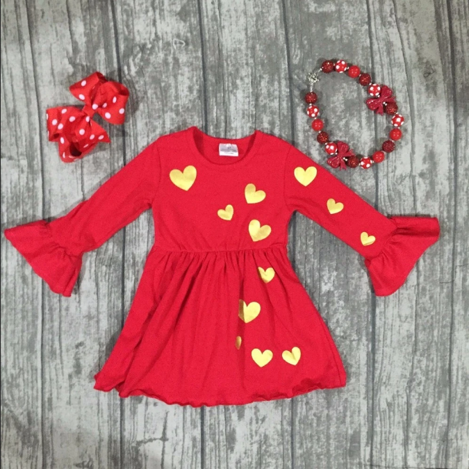 NEW Boutique Valentine's Day Gold Heart Girls Long Sleeve Ruffle Dress |  eBay