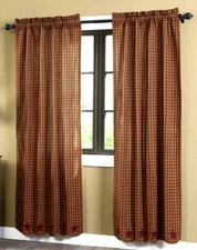 Burgundy Star Patch Red Khaki Tan Check Country Window Curtains Lined 84" L