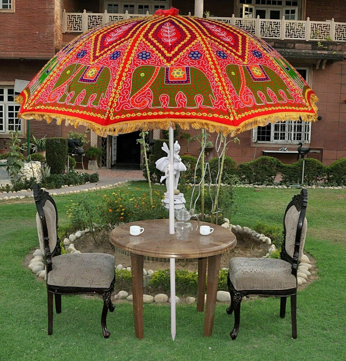 embroidered patio umbrellas Indian Garden Parasols Elephant Sun Shade Patio Umbrella Embroidered Outdoor