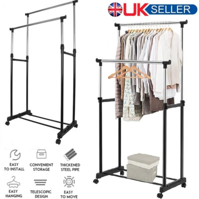 Adjustable Mobile Clothes Coat Garment Hanging Rail Rack Storage Stand 4 Wheels
