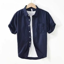 Men's casual shirt short sleeved cotton linen beach T-shirt lightweight