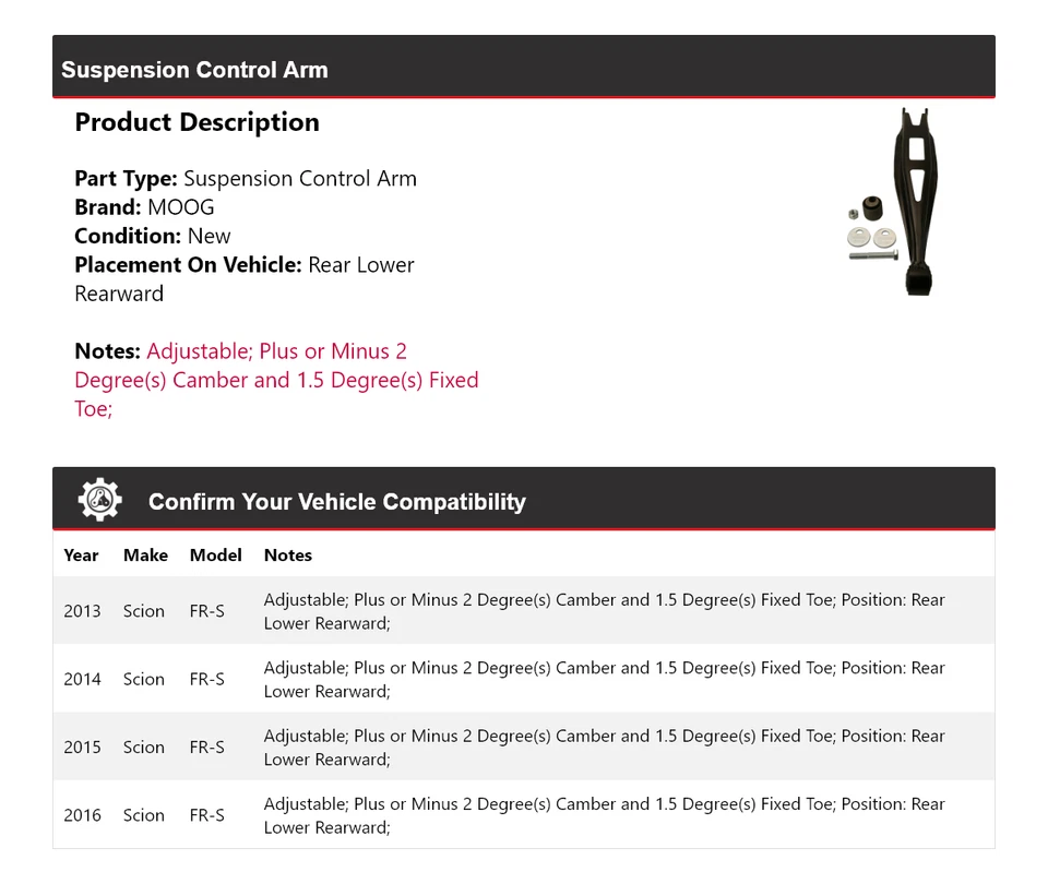 Brazo de control de suspensión trasero inferior trasero MOOG 2013-2016 Scion FR-S Foto 2 de 4