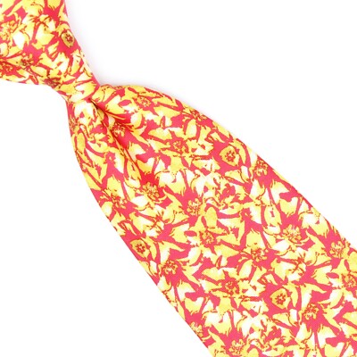 Andre Claude Canova Mens Silk Necktie Bright Yellow Red Floral Abstract Print