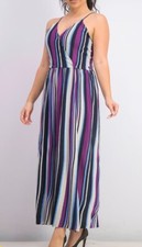 Mango Striped Wrap Maxi Dress V-Neck Purple Blue Black Strappy M