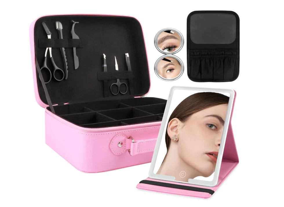 Travel Makeup Bag with Light-up Mirror Portable Cosmetic Organizer Train Case...