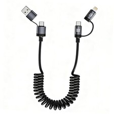 Coiled USB-C and Lighting Cable 4-in-1, 3FT Phone 15 16 Car Charger Cord, 100W