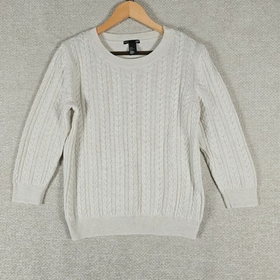 HM Basic Women Cream White Cable Knit Crew Neck Wool Blend Sweater Size Medium