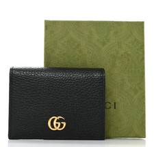 GUCCI Pebbled Calfskin GG Marmont Card Case Black Wallet Authentic
