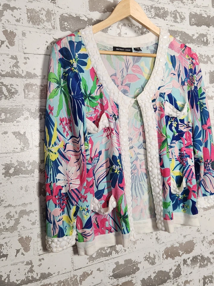 Cárdigan suéter tropical colorido con cuentas Michael Simon para mujer pequeño grande de colección Foto 2 de 4