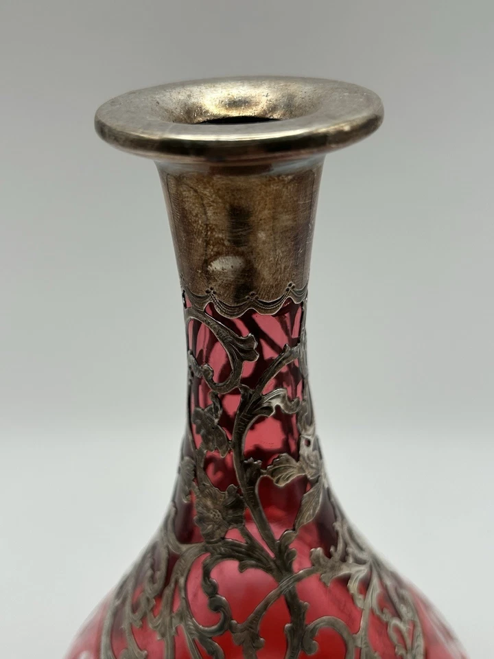 Jarra Alvin R112QT antigua arándano americano vidrio rojo superposición de plata .999 Foto 3 de 4