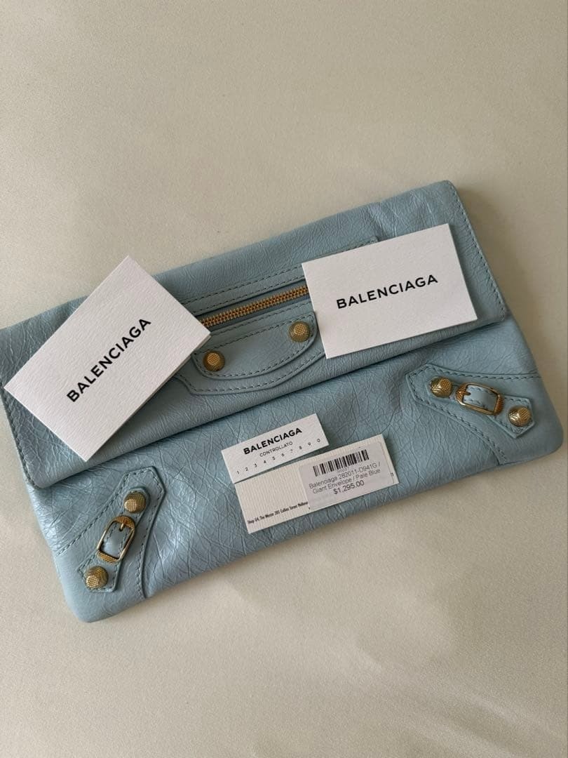 Auth BALENCIAGA Envelope Clutch Bag Blue Gold Leather Used w/Mirror Japan