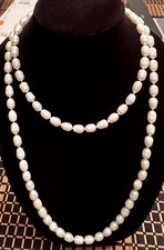 Genuine White Baroque 9-10 mm Pearl Necklace 48" Hand Knotted Gorgeous/ Worn 1x