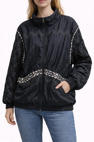 Vintage Black quilted sleeve nylon windbreaker Laura Katherine S geometric lined - Picture 1 of 15