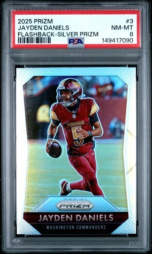 2025 PANINI PRIZM PRIZM FLASHBACK SILVER PRIZM #3 JAYDEN DANIELS PSA 8