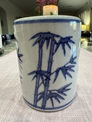     Vintage Blue & White Bamboo Porcelain Vase   Hand-Painted Asian Decor...
