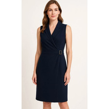 Tommy Hilfiger Woman's Faux Wrap Collared Sleeveless Buckle Dress in Navy 2 $119