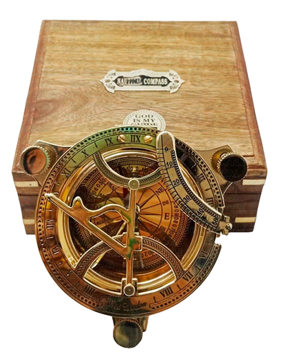 Handmade 4" Brass Sundial Compass with Wooden Box Vintage Nautical Compass Gift - 第 3/6 張圖片