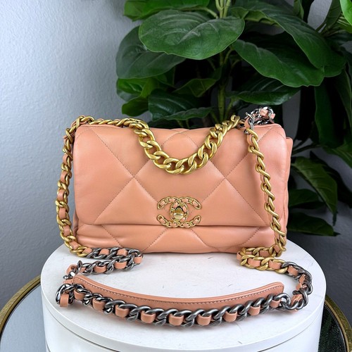 Authentic Chanel 19 Medium Flap Bag Peach Quilted Lambskin Mixed Hardware