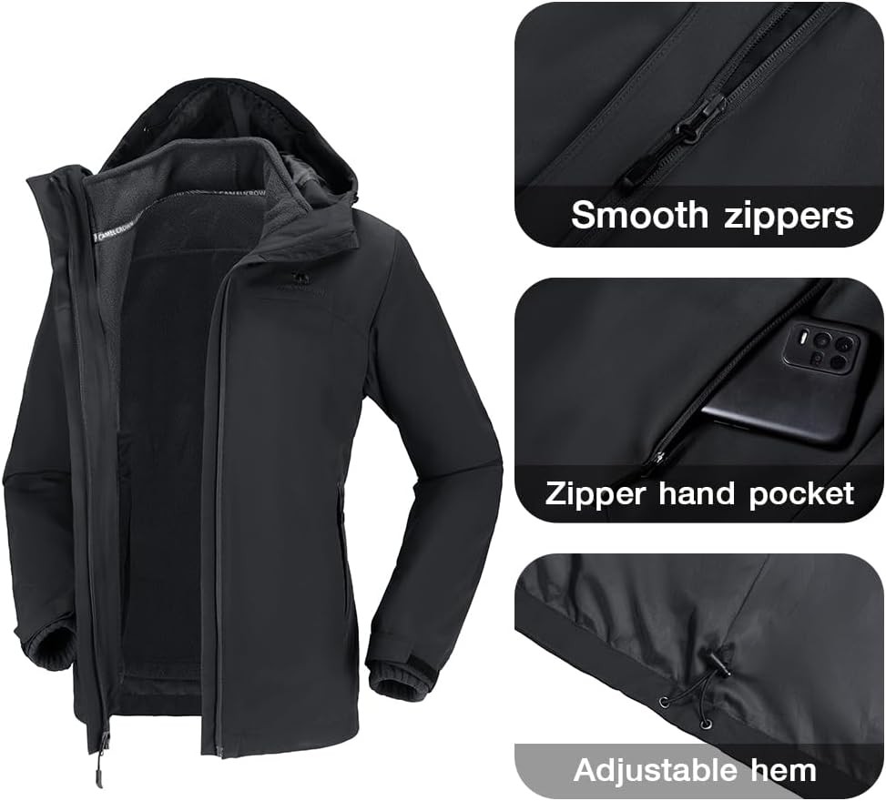 CAMEL CROWN Women's Ski Jacket Waterproof 3 in 1 Winter Large, Black-b611 