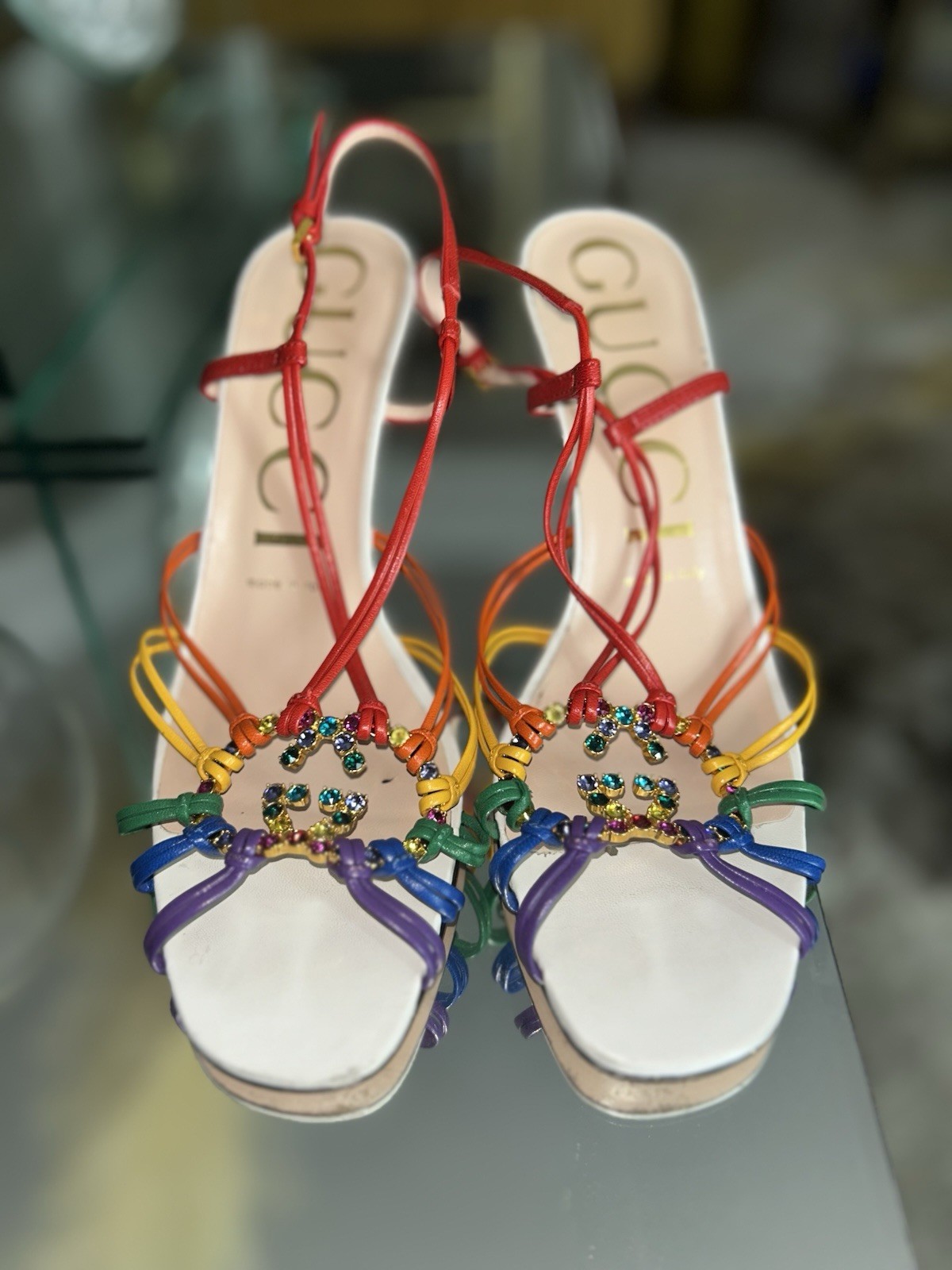 Gucci Isa Crystal 95 Strappy Heel Sandal White Multicolor Size US8