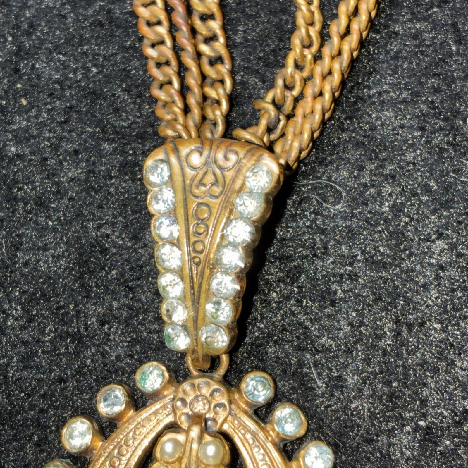 Vintage Victorian Revival Festoon Brooch Pendant Pearl Paste Brass Necklace