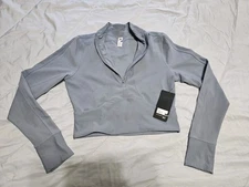 90 Degree By Reflex Womens Large Grey Ribbed Quarter-Zip Cropped Pullover