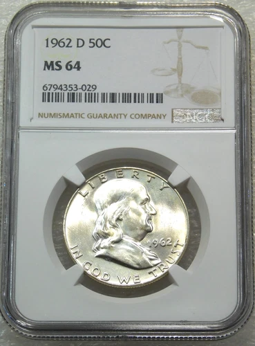 1962-D Franklin Half Dollar NGC MS64 90% FBL Frosty Luster New Holder #A288