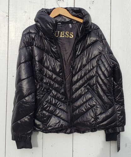 GUESS Shiny Womens Size XL BLACK Quilted Full Zip Pockets Puffer Jacket NEW - Picture 5 of 12
