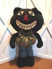 Folk Art Free Standing Black Cat Plush Figurine Halloween/Fall Decor 20" Tall