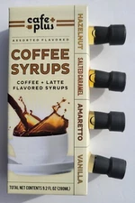 Cafe Plus Coffee Syrups Four 2.3 oz Bottles Hazelnut Amaretto Vanilla Caramel 
