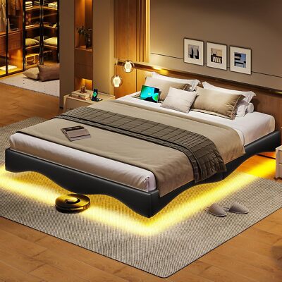Floating Queen Bed Frame with LED Lights Modern Wavy Visual Floating Metal Bed