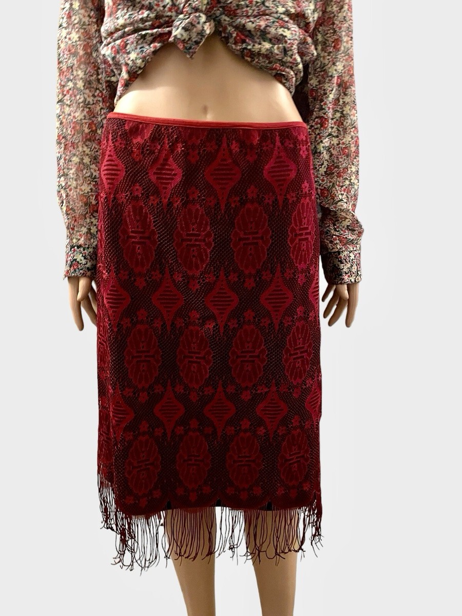 Red Fringe Floral Skirt Vintage Floral Sequin Fringe Two Piece Set
