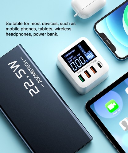 ASOMETECH 40W USB Wall Charger 4 Port With LED Display QC3.0 PD3.0 USB Fast Char - Photo 15 sur 23