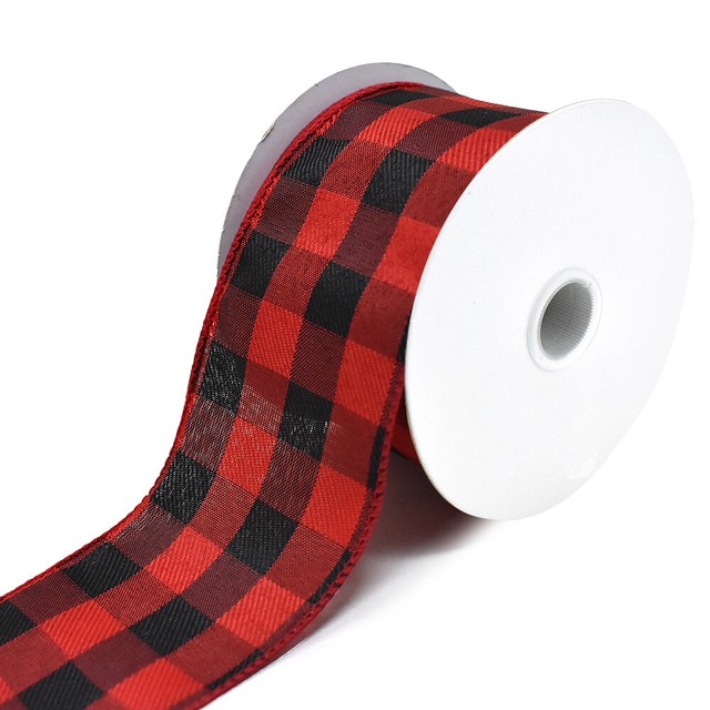Buffalo Plaid Twill Wired Edge Christmas Ribbon, Red/Black, 21/2Inch