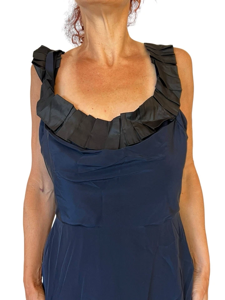 MONIQUE LHUILLIER Navy Cowl Neck Sleeveless Ruffle Silk Mini Sheath Dress M - image 4 of 4