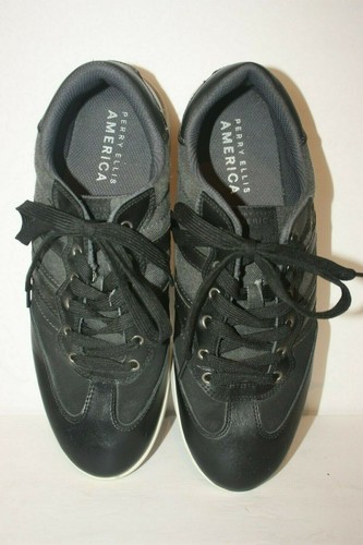 Perry Ellis America Men's Tesla Black Leather Gray Canvas Trim Sneakers Sz 10.5 - Picture 4 of 8